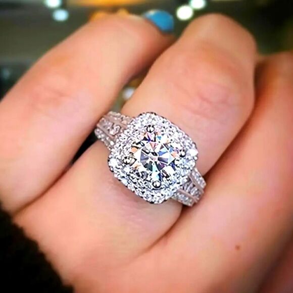 Elegant Classy Ring Square Halo Design Paved Full Shiny Zircon Silver Tone Ring - Picture 1 of 8